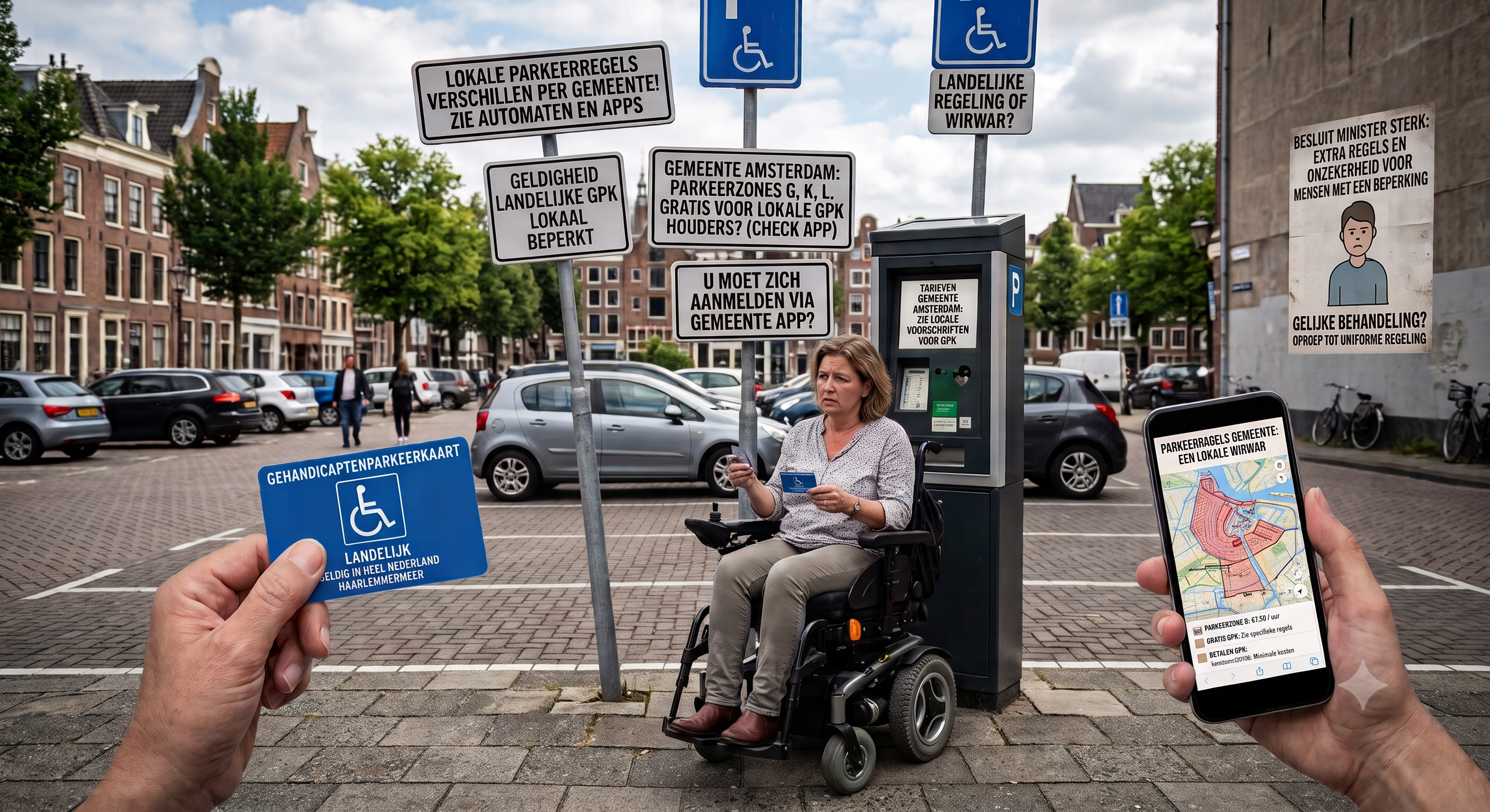Een persoon in een rolstoel die verward is over alle parkeerborden met aanwijzingen maar die geen duidelijk antwoord geven over wat nu de bedoeling is