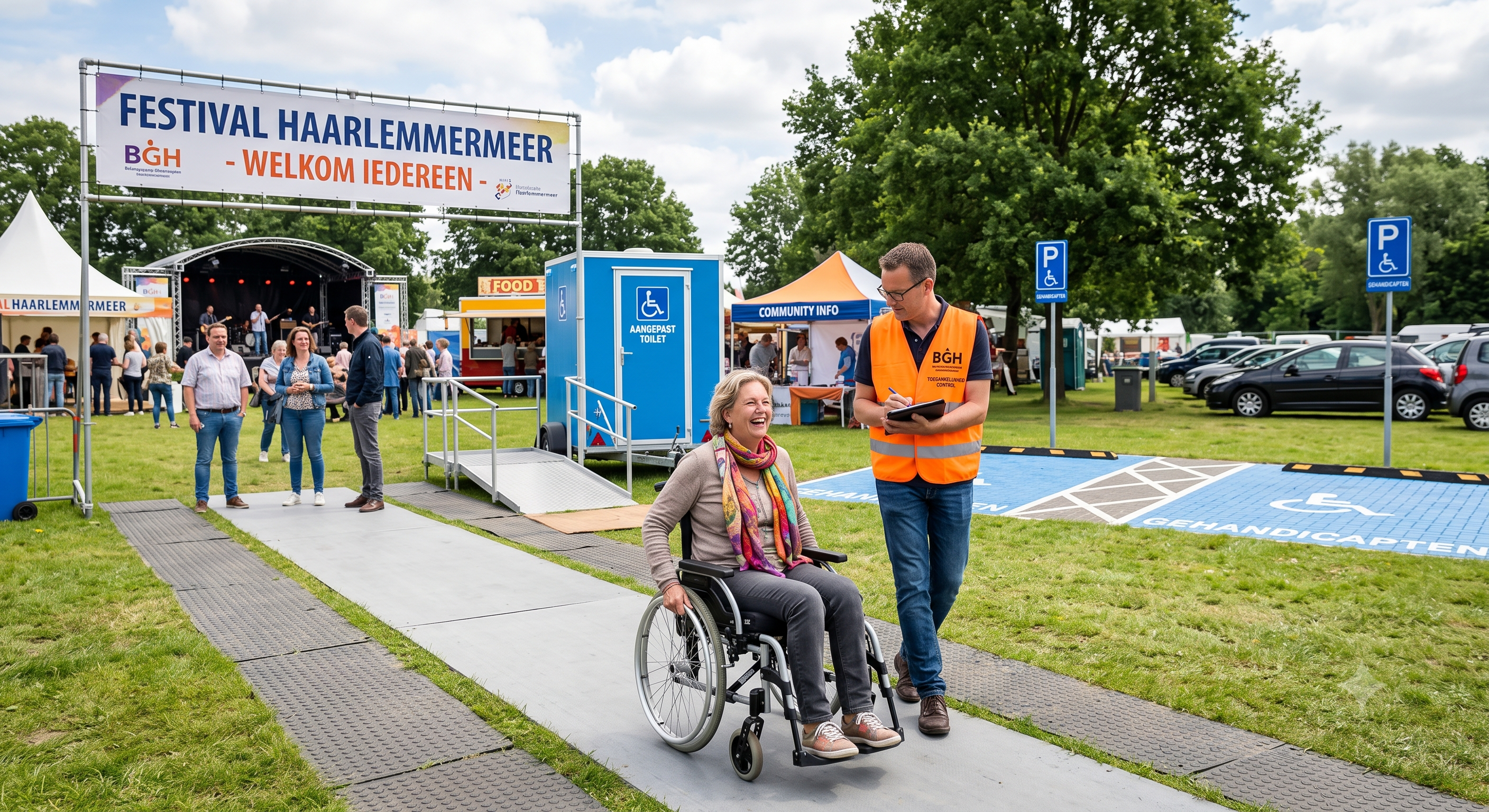 festival in Haarlemmermeer met feedback die door een BGH medewerker wordt opgehaald bij een minder valide vrouw