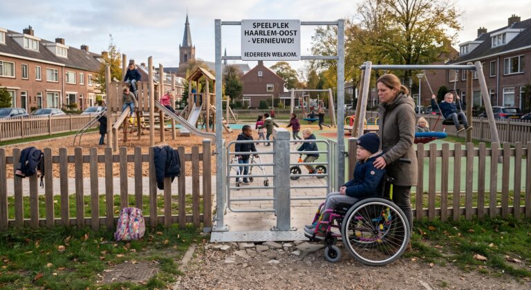 een speeltuin in Haarlem-Oost met kinderen die aan het spelen zijn, met een moeder en een jongen in een rolstoel die niet door de toegang past